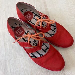 Fly London Leather Closed Toe Lace-up Wedges Poma Scarlet 37 / US 6-6.5